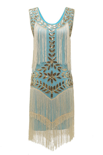 Azul 1920s Vestido Lentejuelas Flecos